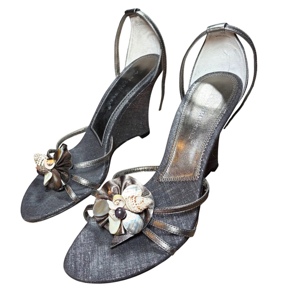 Y2K Subversive Vacation Shell Wedge Sandals Metallic Silver Ankle Strap 8M
